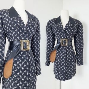 80's Silk Blazer Power Shoulder Button Down Long Sleeve Floral Oversized
